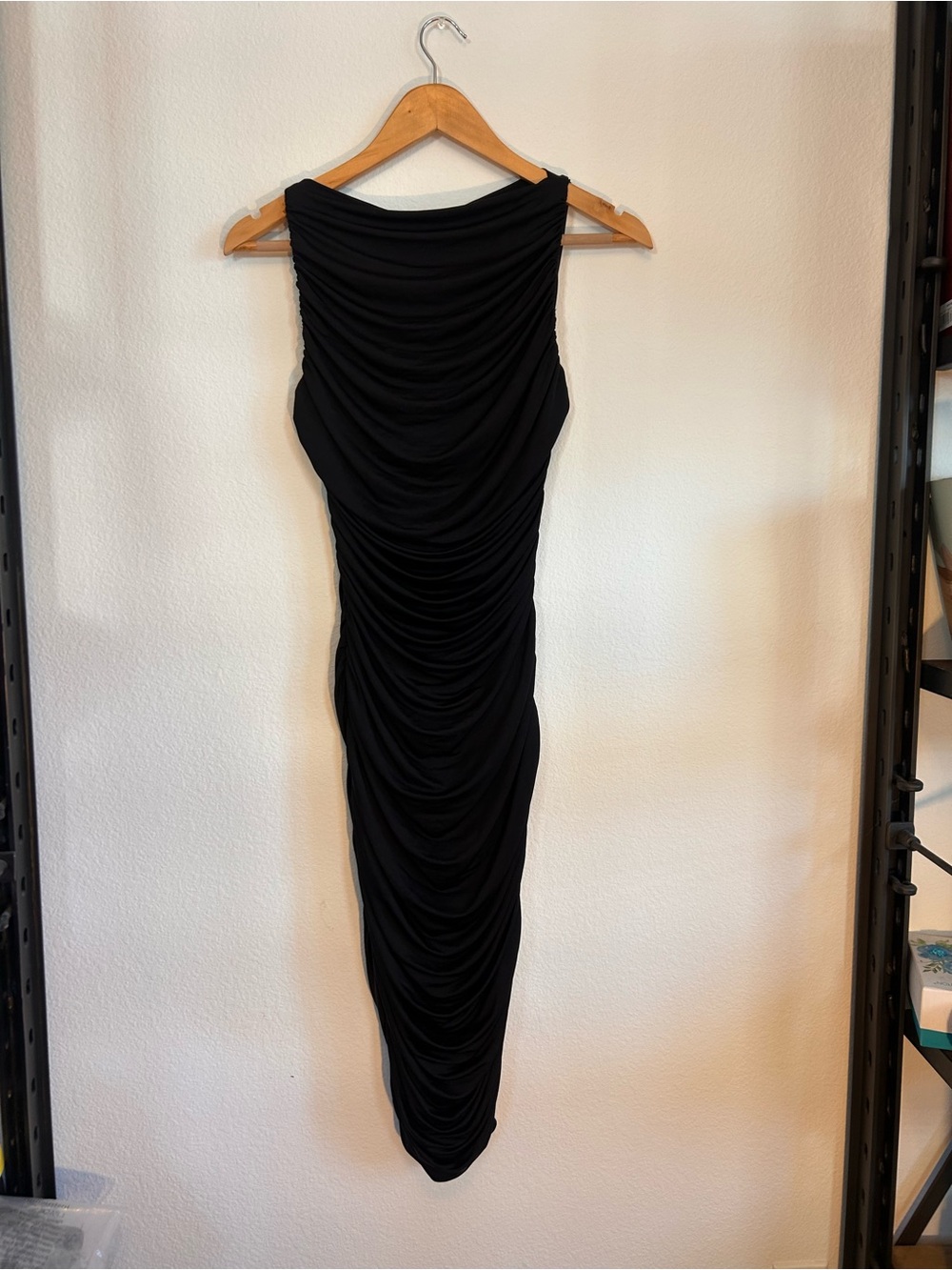 Black Bebe ruched dress.